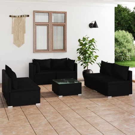 Set Divani da Giardino 7 pz con Cuscini in Polyrattan Nero