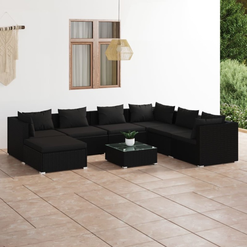 Set Divani da Giardino 8 pz con Cuscini in Polyrattan Nero Set Divani da Giardino 8 pz con Cuscini in Polyrattan Nero