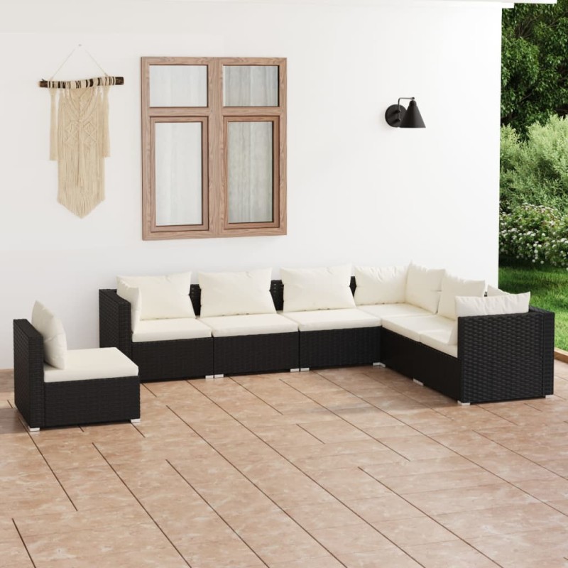 Set Divani da Giardino 7 pz con Cuscini in Polyrattan Nero Set Divani da Giardino 7 pz con Cuscini in Polyrattan Nero