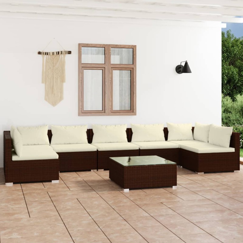 Set Divani da Giardino 8 pz con Cuscini in Polyrattan Marrone Set Divani da Giardino 8 pz con Cuscini in Polyrattan Marrone