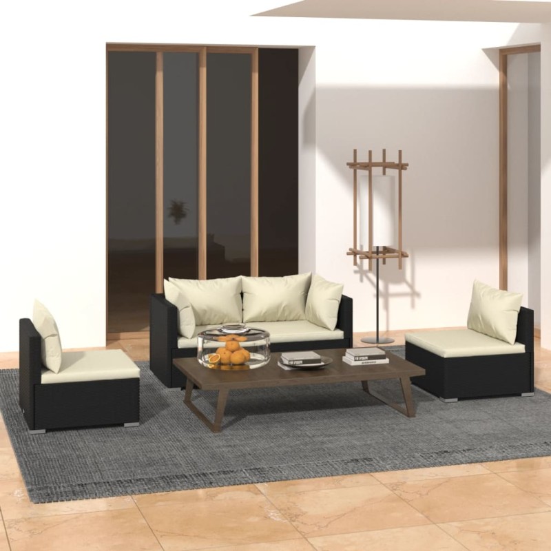 Set Divani da Giardino 4 pz con Cuscini in Polyrattan Nero Set Divani da Giardino 4 pz con Cuscini in Polyrattan Nero
