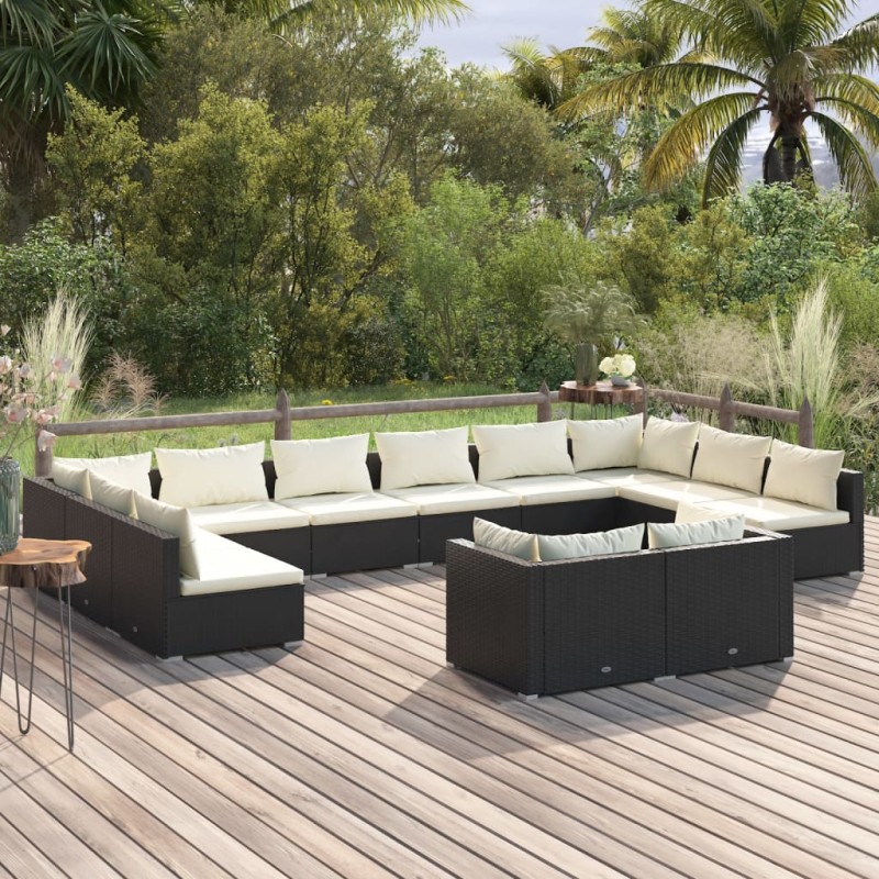 vidaXL Set Divani da Giardino 12 pz con Cuscini in Polyrattan Nero vidaXL Set Divani da Giardino 12 pz con Cuscini in Polyrattan Nero