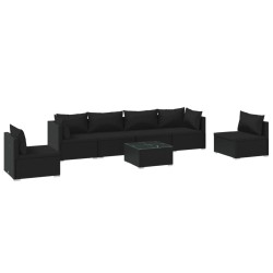 Set Divani da Giardino 7 pz con Cuscini in Polyrattan Nero