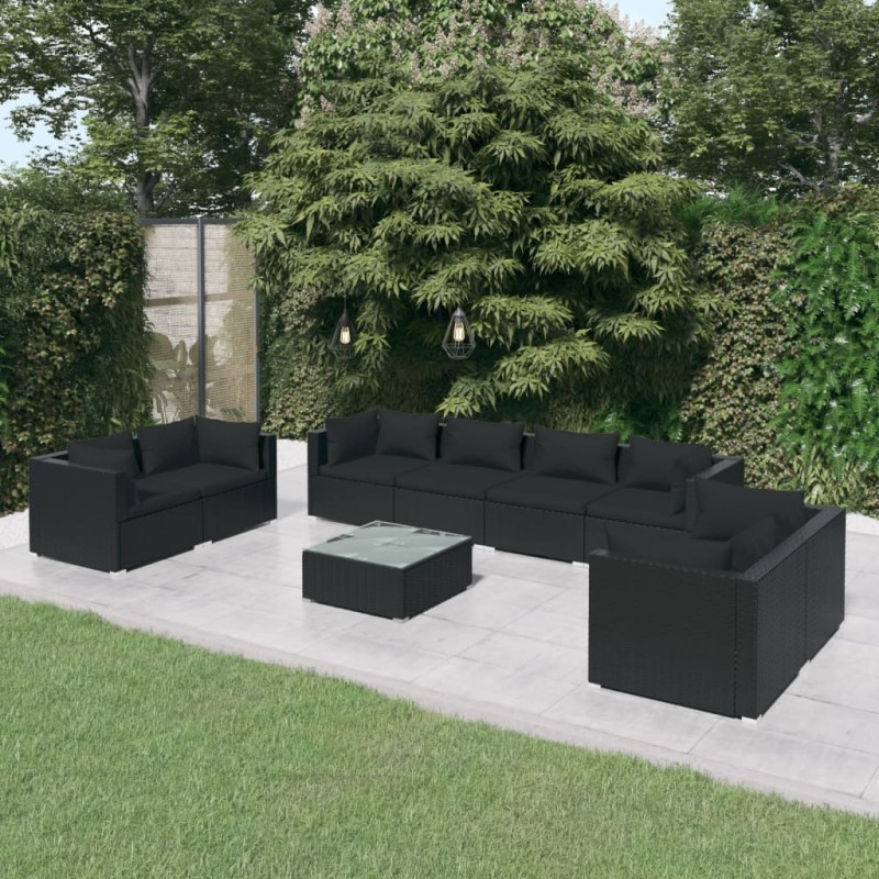 Set Divani da Giardino 9 pz con Cuscini in Polyrattan Nero Set Divani da Giardino 9 pz con Cuscini in Polyrattan Nero