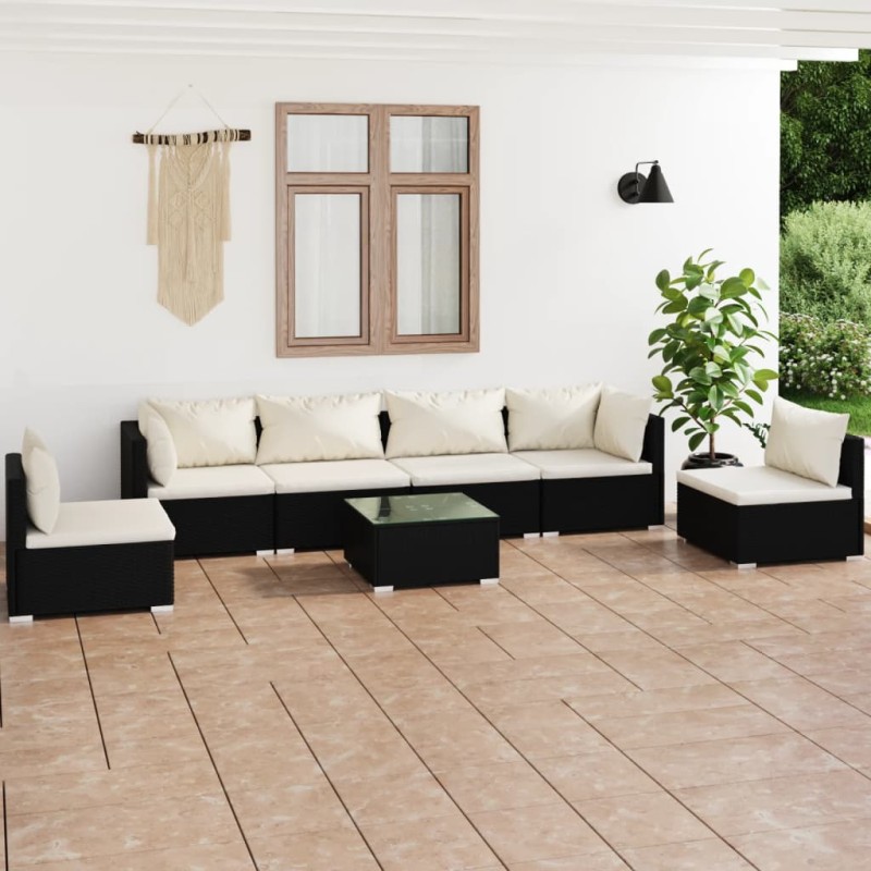 Set Divani da Giardino 7 pz con Cuscini in Polyrattan Nero Set Divani da Giardino 7 pz con Cuscini in Polyrattan Nero