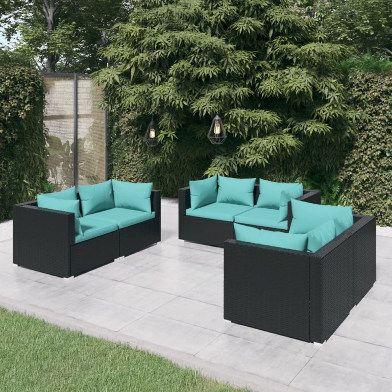 Set Divani da Giardino 6 pz con Cuscini in Polyrattan Nero Set Divani da Giardino 6 pz con Cuscini in Polyrattan Nero