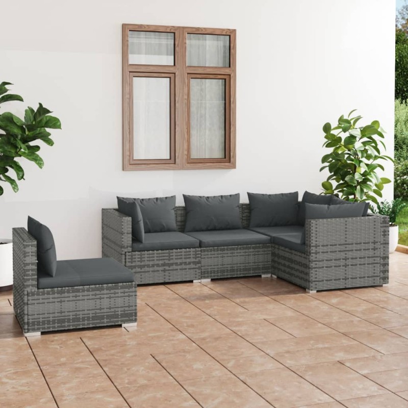 Set Divani da Giardino 5 pz con Cuscini in Polyrattan Grigio Set Divani da Giardino 5 pz con Cuscini in Polyrattan Grigio