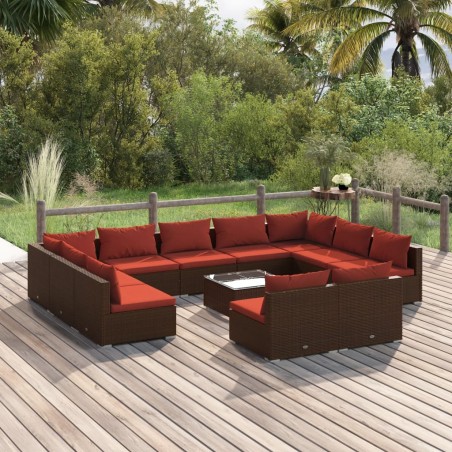 Set Divani da Giardino 12 pz con Cuscini in Polyrattan Marrone