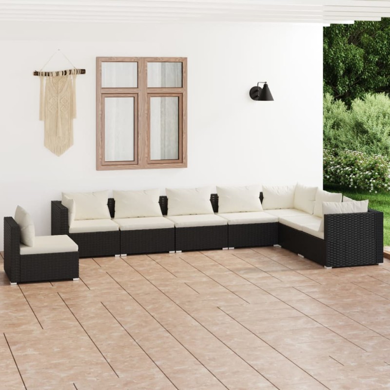 Set Divani da Giardino con Cuscini 8 pz in Polyrattan Nero Set Divani da Giardino con Cuscini 8 pz in Polyrattan Nero