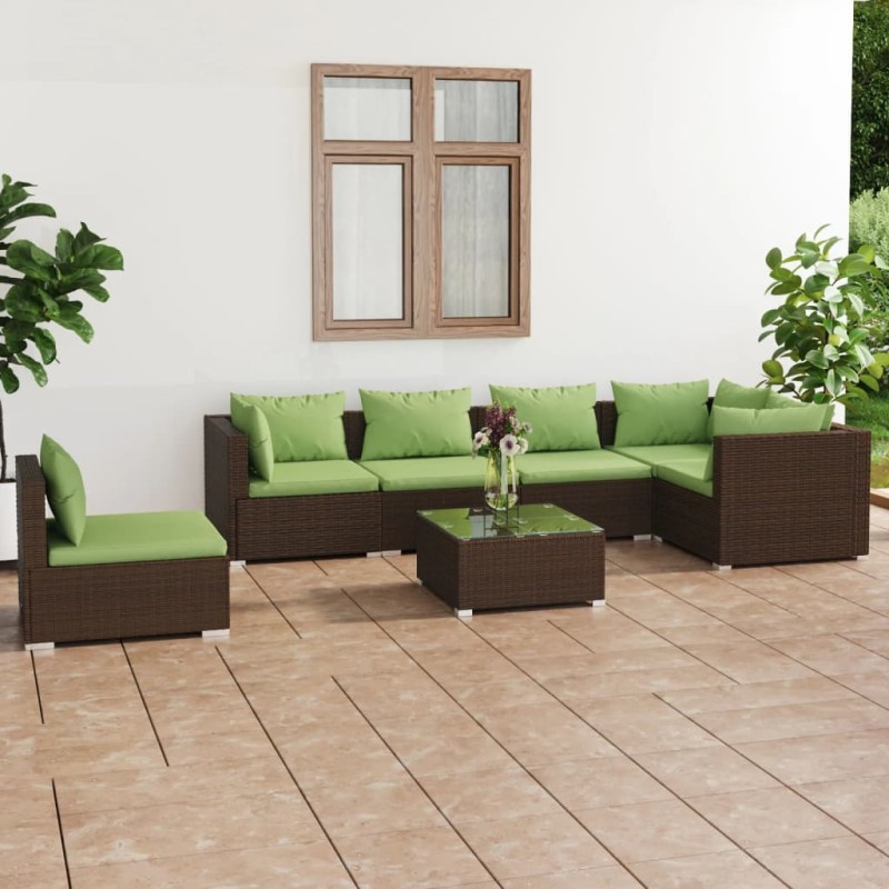 Set Divani da Giardino 7 pz con Cuscini in Polyrattan Marrone Set Divani da Giardino 7 pz con Cuscini in Polyrattan Marrone