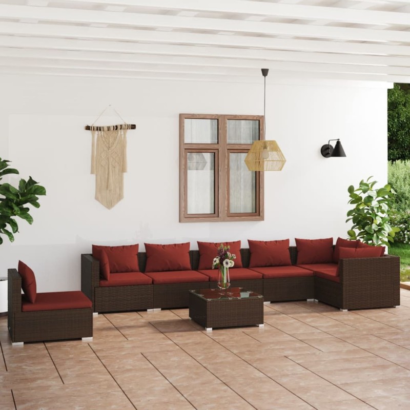 Set Divani da Giardino 8 pz con Cuscini in Polyrattan Marrone Set Divani da Giardino 8 pz con Cuscini in Polyrattan Marrone