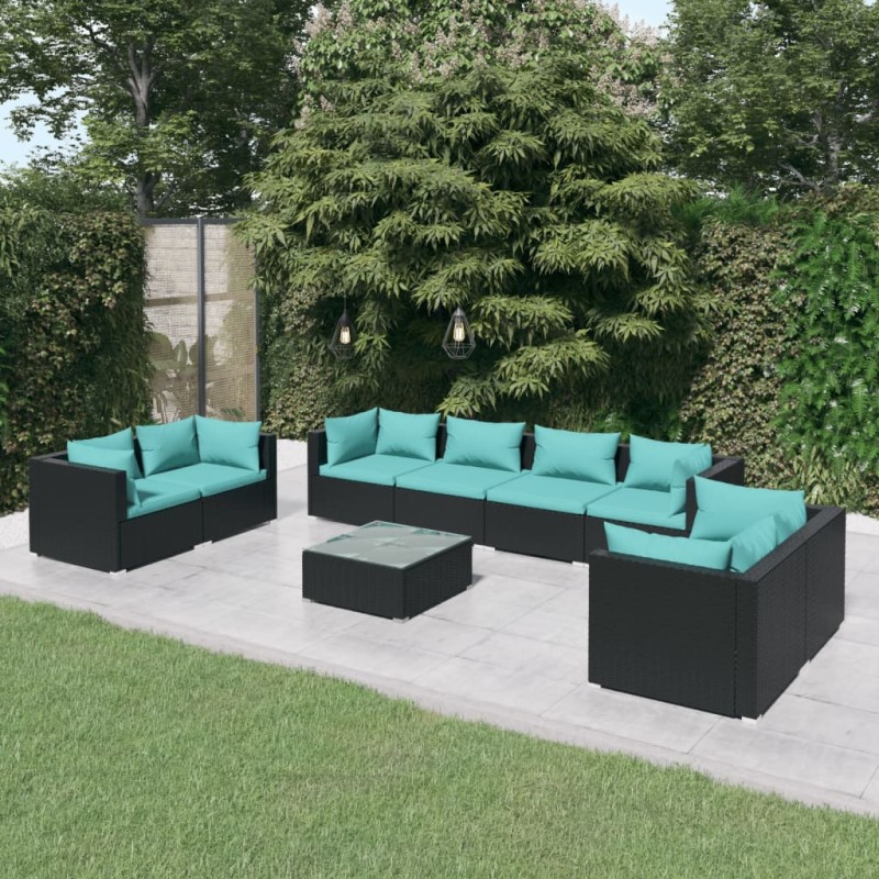 Set Divani da Giardino 9 pz con Cuscini in Polyrattan Nero Set Divani da Giardino 9 pz con Cuscini in Polyrattan Nero
