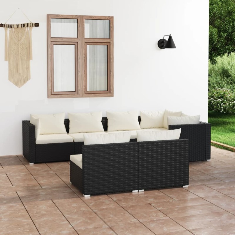 Set Divani da Giardino 7 pz con Cuscini in Polyrattan Nero Set Divani da Giardino 7 pz con Cuscini in Polyrattan Nero