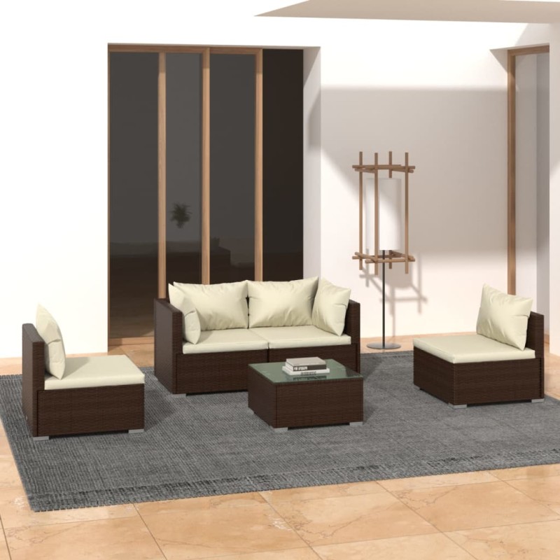 Set Divani da Giardino 5 pz con Cuscini in Polyrattan Marrone Set Divani da Giardino 5 pz con Cuscini in Polyrattan Marrone