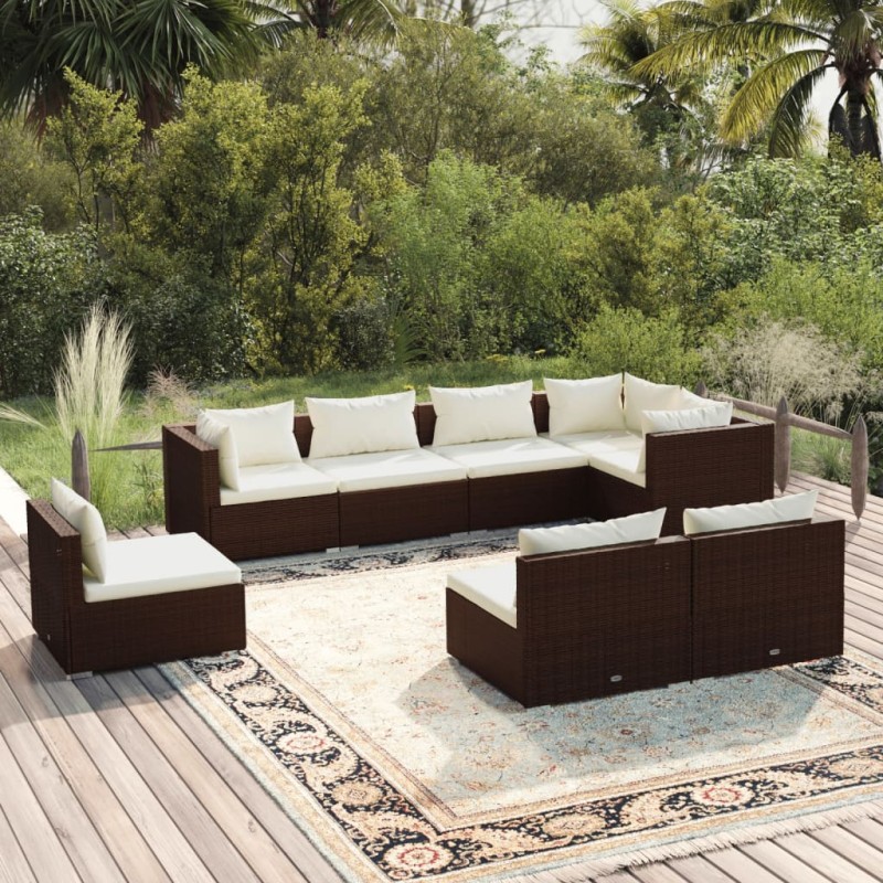 Set Divani da Giardino 8 pz con Cuscini in Polyrattan Marrone Set Divani da Giardino 8 pz con Cuscini in Polyrattan Marrone