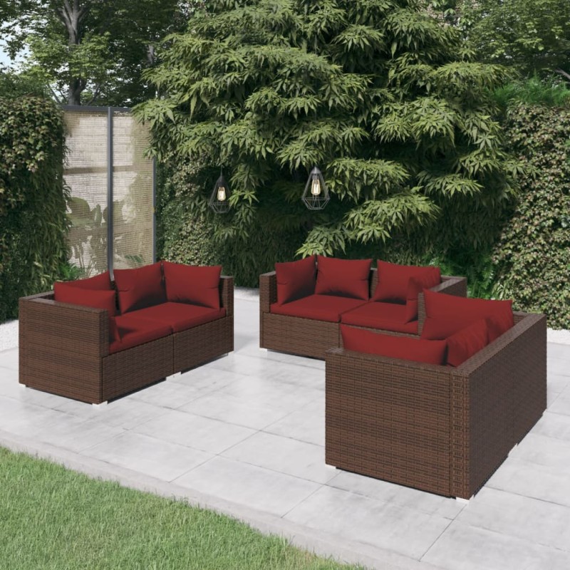 Set Divani da Giardino 6 pz con Cuscini in Polyrattan Marrone Set Divani da Giardino 6 pz con Cuscini in Polyrattan Marrone