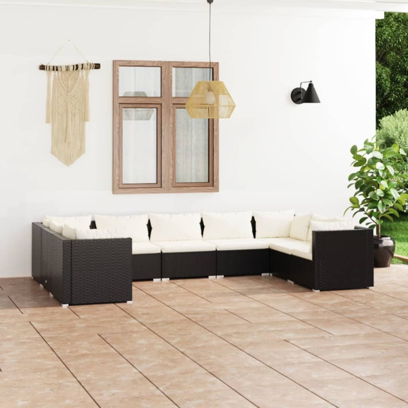 Set Divani da Giardino 9 pz con Cuscini in Polyrattan Nero Set Divani da Giardino 9 pz con Cuscini in Polyrattan Nero