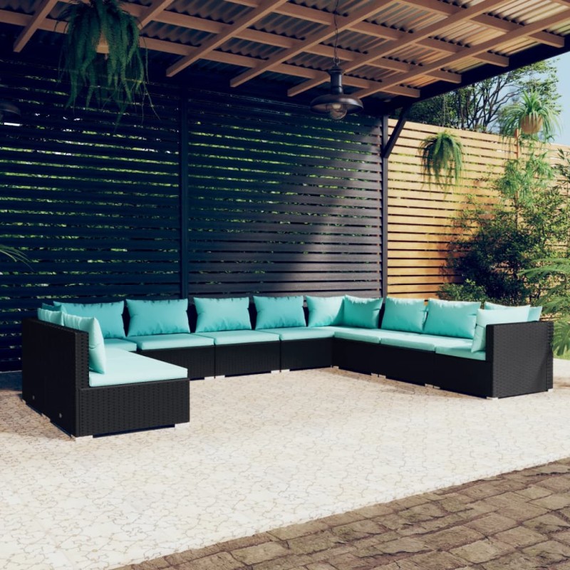 Set Salotto da Giardino 10pz con Cuscini in Polyrattan Nero Set Salotto da Giardino 10pz con Cuscini in Polyrattan Nero