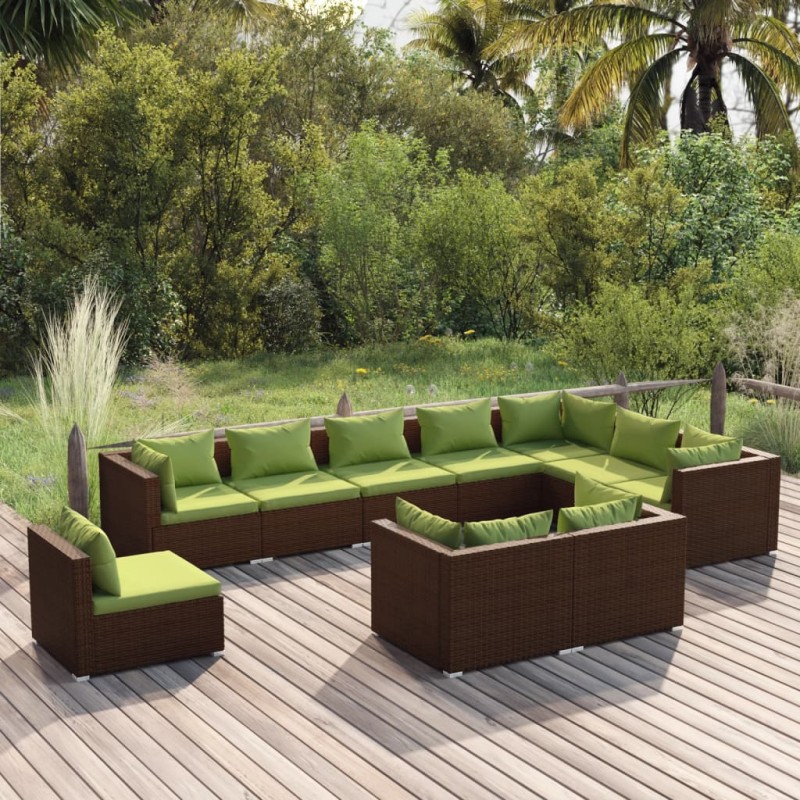 Set Divani da Giardino 10 pz con Cuscini in Polyrattan Marrone Set Divani da Giardino 10 pz con Cuscini in Polyrattan Marrone