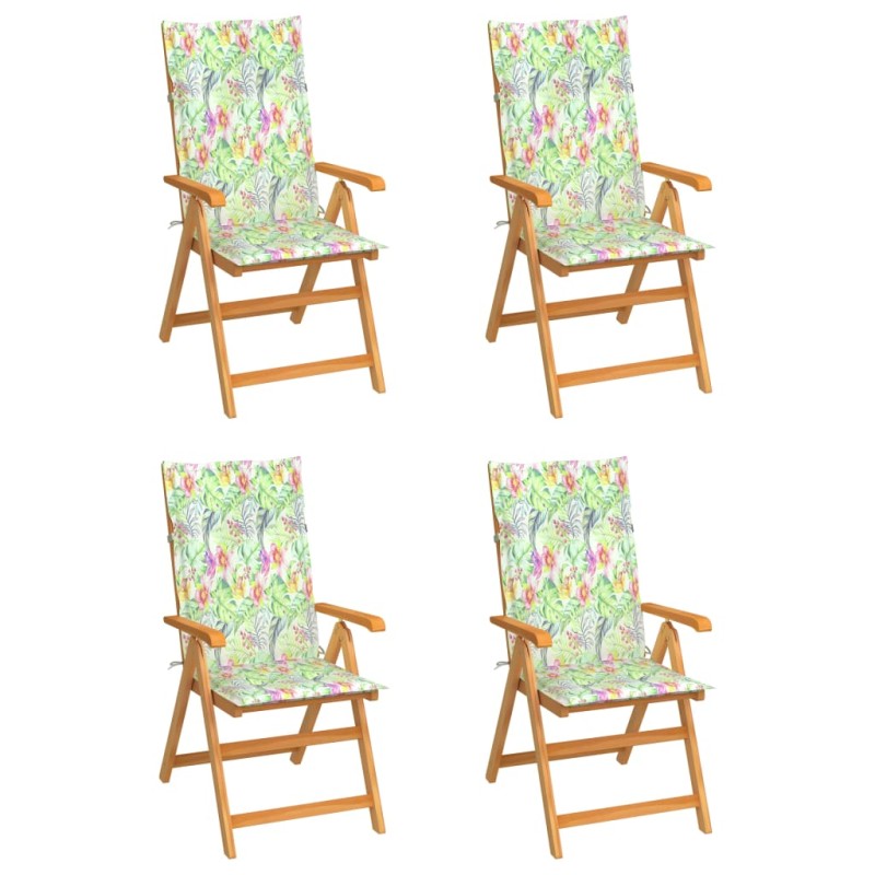 Sedie Giardino 4 pz e Cuscini Motivo a Foglie Massello di Teak Sedie Giardino 4 pz e Cuscini Motivo a Foglie Massello di Teak
