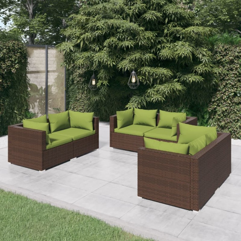 Set Divani da Giardino 6 pz con Cuscini in Polyrattan Marrone Set Divani da Giardino 6 pz con Cuscini in Polyrattan Marrone