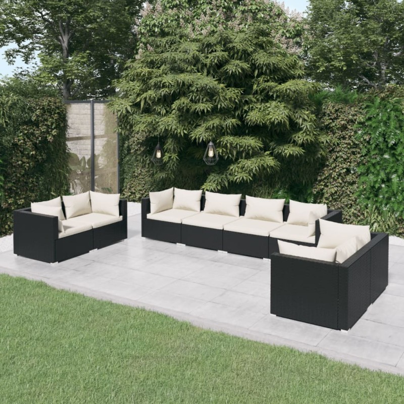 Set Divani da Giardino 8 pz con Cuscini in Polyrattan Nero Set Divani da Giardino 8 pz con Cuscini in Polyrattan Nero