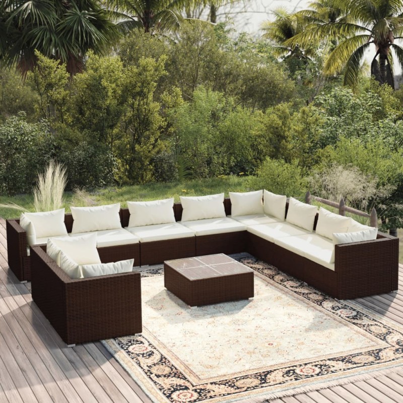 Set Divani da Giardino 11 pz con Cuscini in Polyrattan Marrone Set Divani da Giardino 11 pz con Cuscini in Polyrattan Marrone