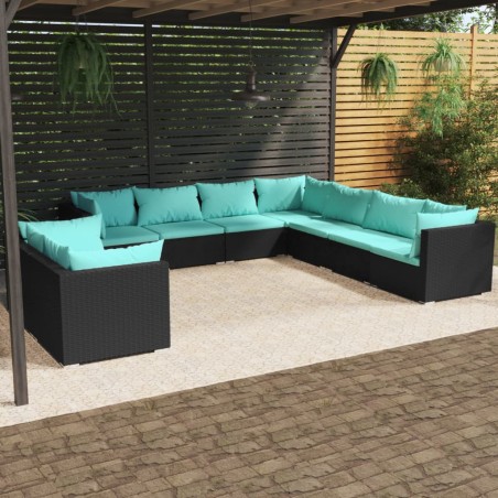 Set Salotto da Giardino con Cuscini 9pz Nero in Polyrattan