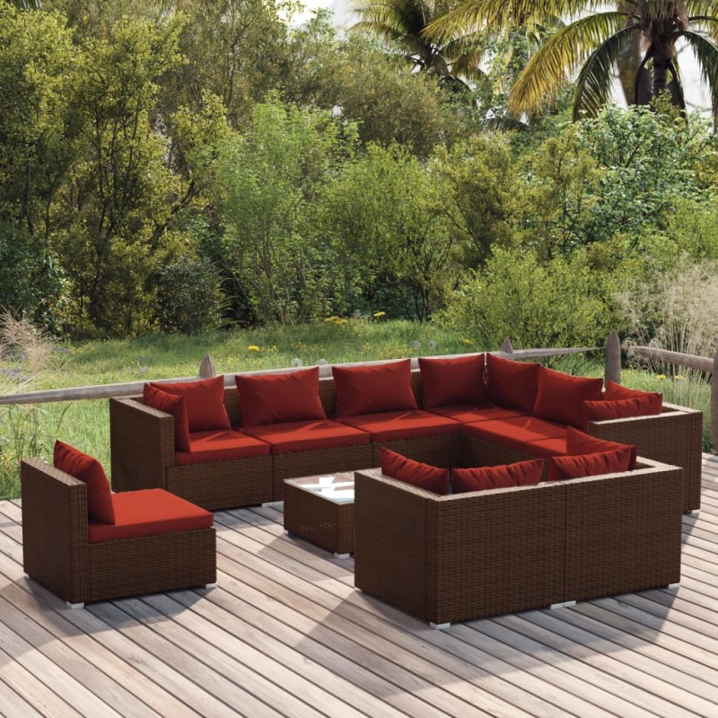 Set Divani da Giardino 10 pz con Cuscini in Polyrattan Marrone Set Divani da Giardino 10 pz con Cuscini in Polyrattan Marrone