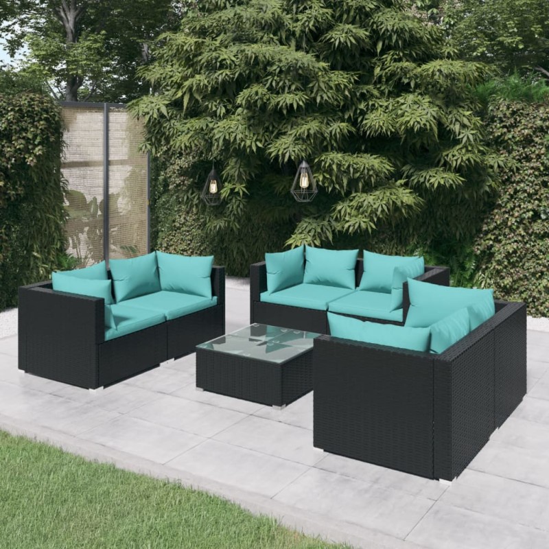Set Divani da Giardino 7 pz con Cuscini in Polyrattan Nero Set Divani da Giardino 7 pz con Cuscini in Polyrattan Nero