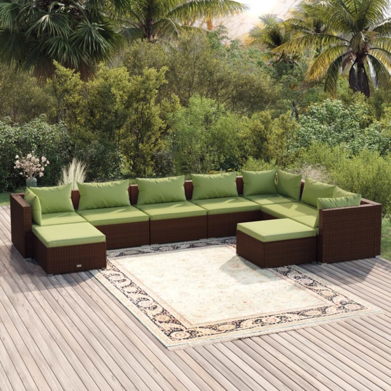 Set Divani da Giardino 9 pz con Cuscini in Polyrattan Marrone Set Divani da Giardino 9 pz con Cuscini in Polyrattan Marrone