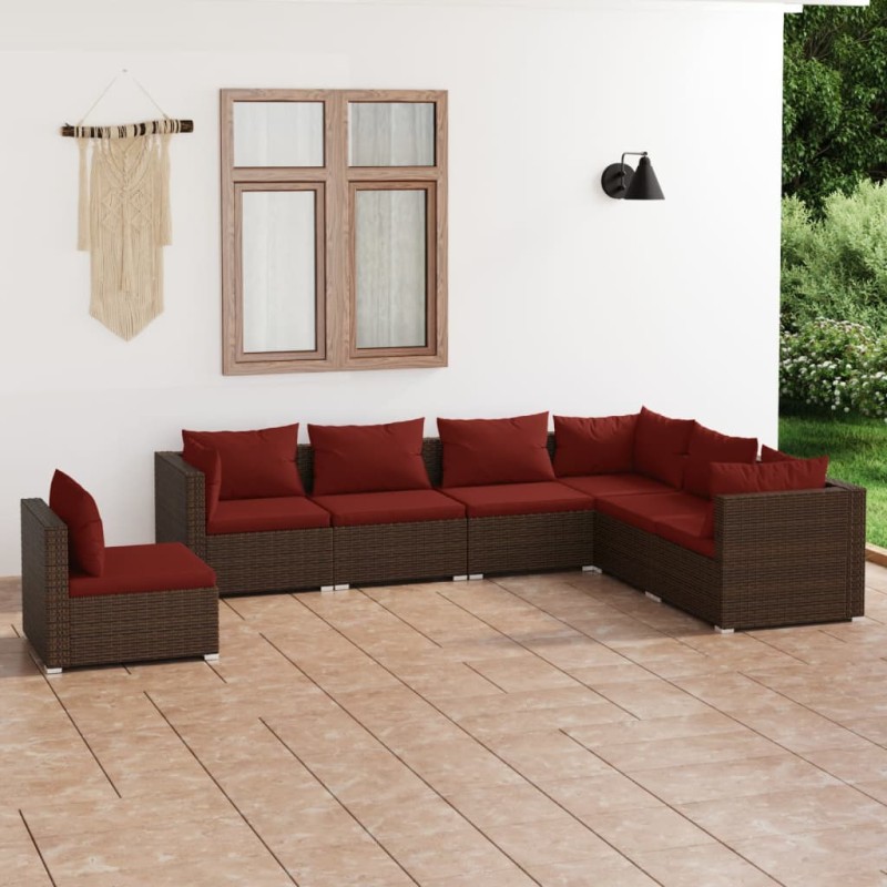 Set Divani da Giardino 7 pz con Cuscini in Polyrattan Marrone Set Divani da Giardino 7 pz con Cuscini in Polyrattan Marrone