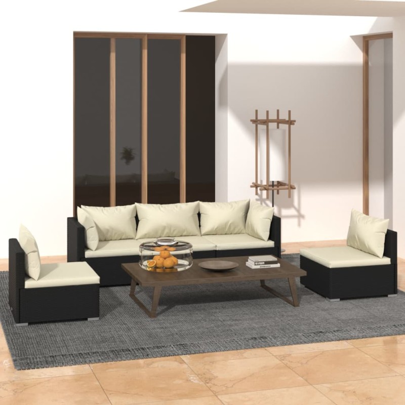 Set Salotto da Giardino 5 pz con Cuscini in Polyrattan Nero Set Salotto da Giardino 5 pz con Cuscini in Polyrattan Nero