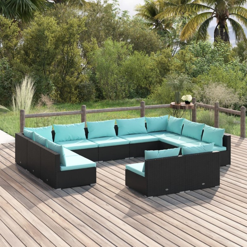 Set Divani da Giardino 11 pz con Cuscini in Polyrattan Nero Set Divani da Giardino 11 pz con Cuscini in Polyrattan Nero