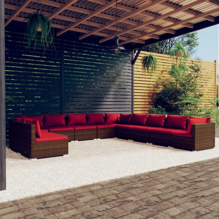 Set Divani da Giardino 11 pz con Cuscini in Polyrattan Marrone