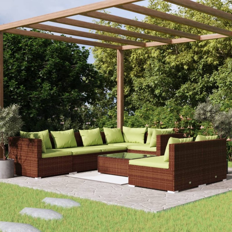 Set Divani da Giardino 8 pz con Cuscini in Polyrattan Marrone Set Divani da Giardino 8 pz con Cuscini in Polyrattan Marrone