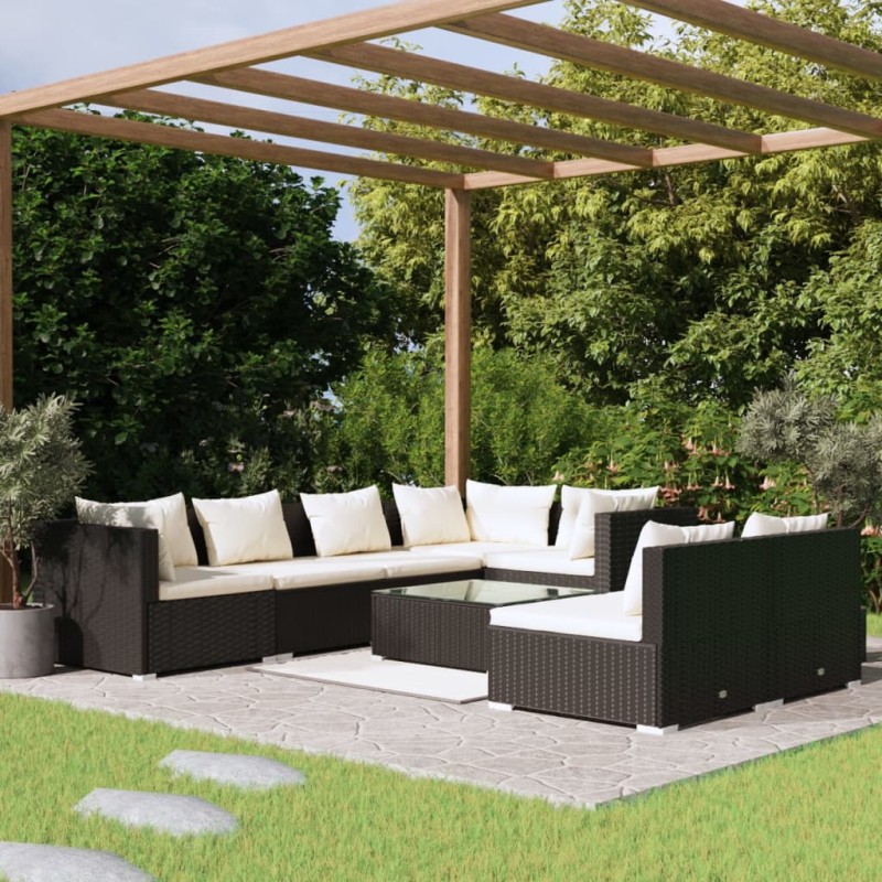 Set Divani da Giardino 8 pz con Cuscini in Polyrattan Nero Set Divani da Giardino 8 pz con Cuscini in Polyrattan Nero