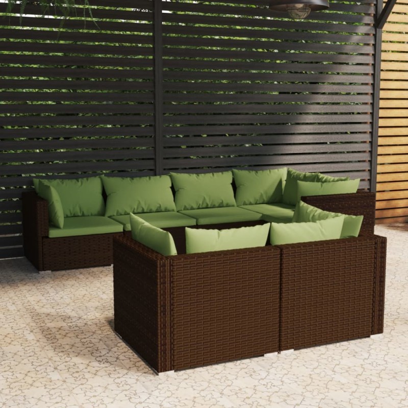Set Divani da Giardino 7 pz con Cuscini in Polyrattan Marrone Set Divani da Giardino 7 pz con Cuscini in Polyrattan Marrone