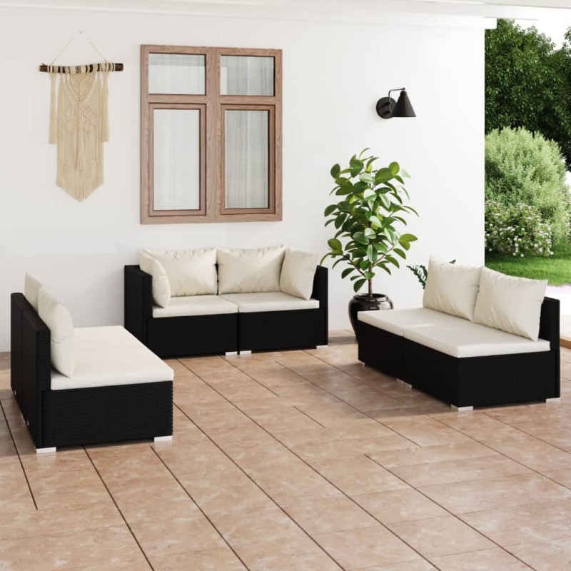 vidaXL Set Divani da Giardino 6 pz con Cuscini in Polyrattan Nero vidaXL Set Divani da Giardino 6 pz con Cuscini in Polyrattan Nero