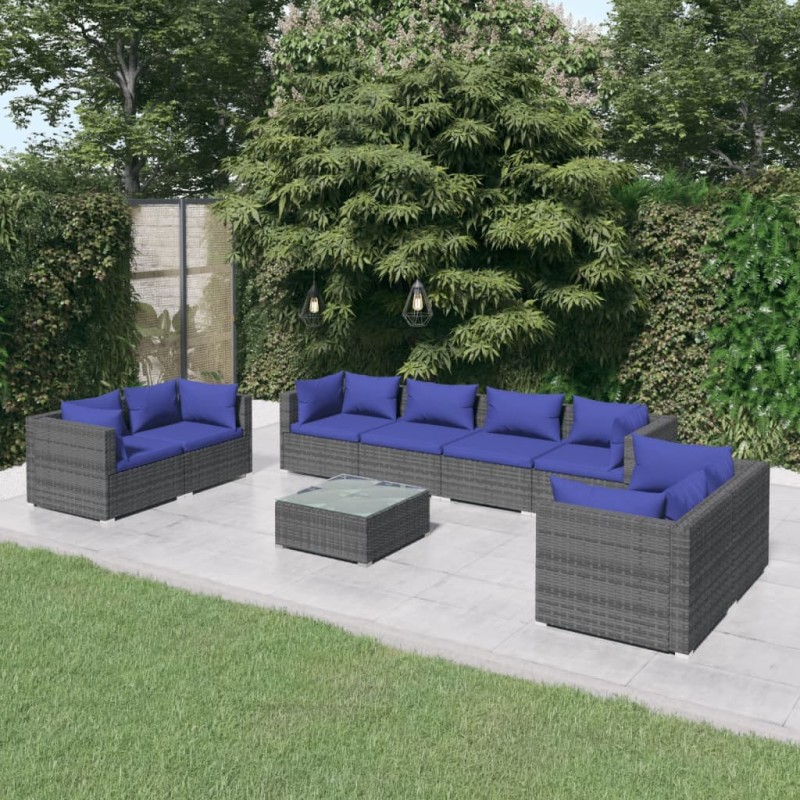 Set Divani da Giardino 9 pz con Cuscini in Polyrattan Grigio Set Divani da Giardino 9 pz con Cuscini in Polyrattan Grigio