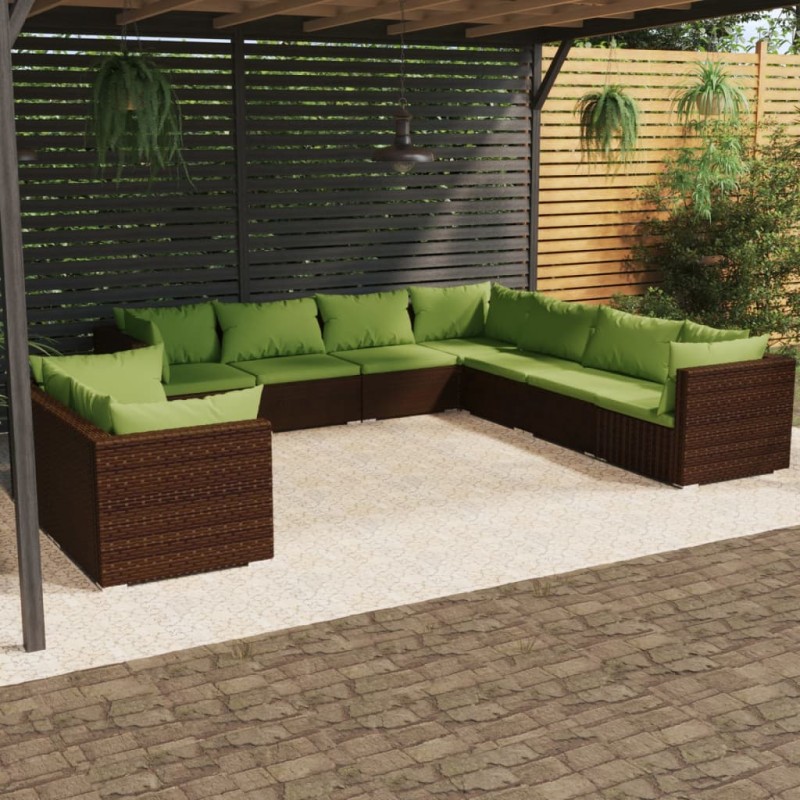 Set Divani da Giardino 9 pz con Cuscini in Polyrattan Marrone Set Divani da Giardino 9 pz con Cuscini in Polyrattan Marrone