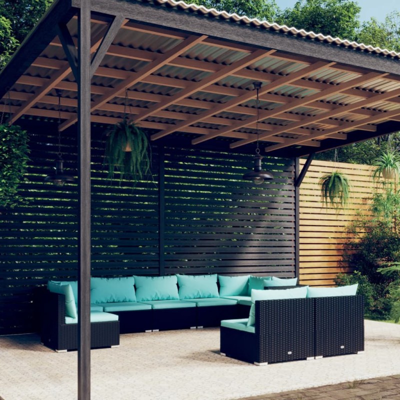 Set Divani da Giardino 9 pz con Cuscini in Polyrattan Nero Set Divani da Giardino 9 pz con Cuscini in Polyrattan Nero