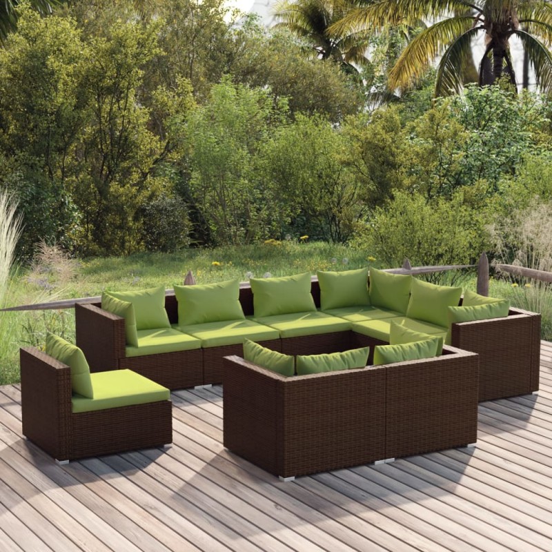 Set Divani da Giardino 9 pz con Cuscini in Polyrattan Marrone Set Divani da Giardino 9 pz con Cuscini in Polyrattan Marrone
