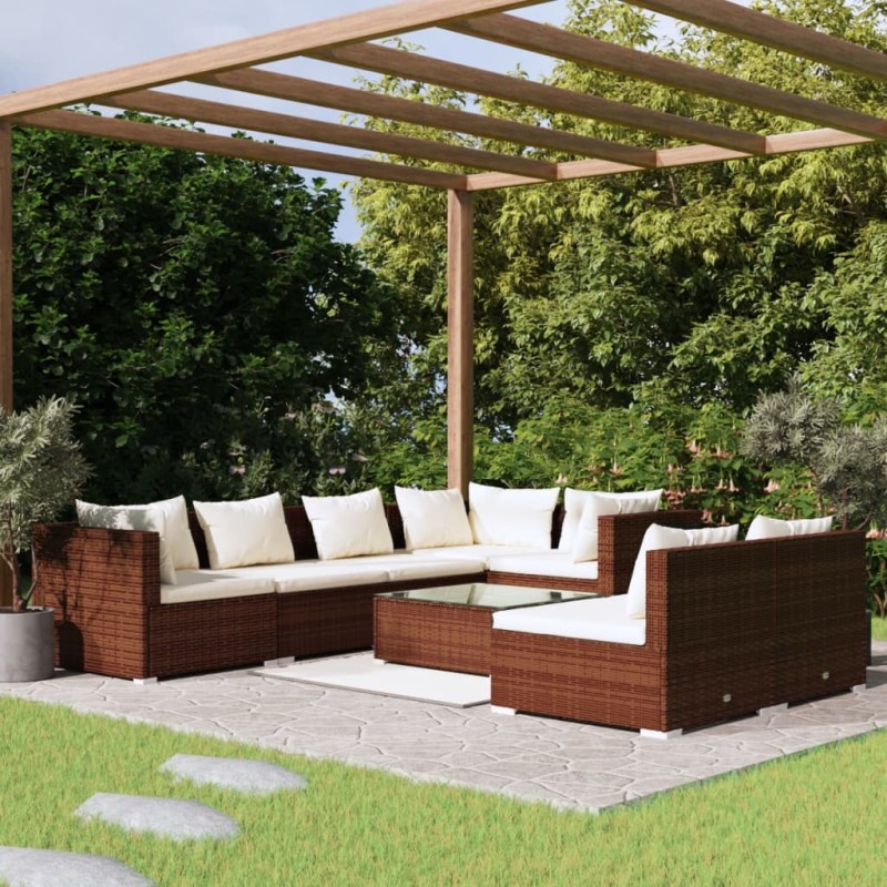Set Divani da Giardino 8 pz con Cuscini in Polyrattan Marrone Set Divani da Giardino 8 pz con Cuscini in Polyrattan Marrone