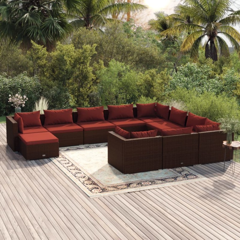 Set Divani da Giardino 11 pz con Cuscini in Polyrattan Marrone Set Divani da Giardino 11 pz con Cuscini in Polyrattan Marrone