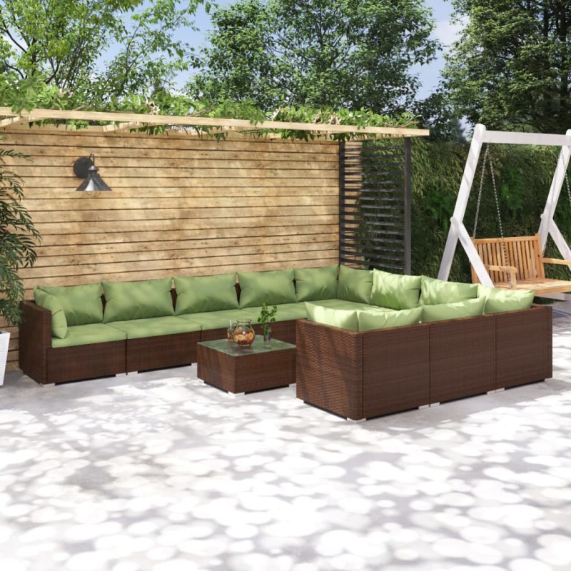 Set Divani da Giardino 11 pz con Cuscini in Polyrattan Marrone Set Divani da Giardino 11 pz con Cuscini in Polyrattan Marrone