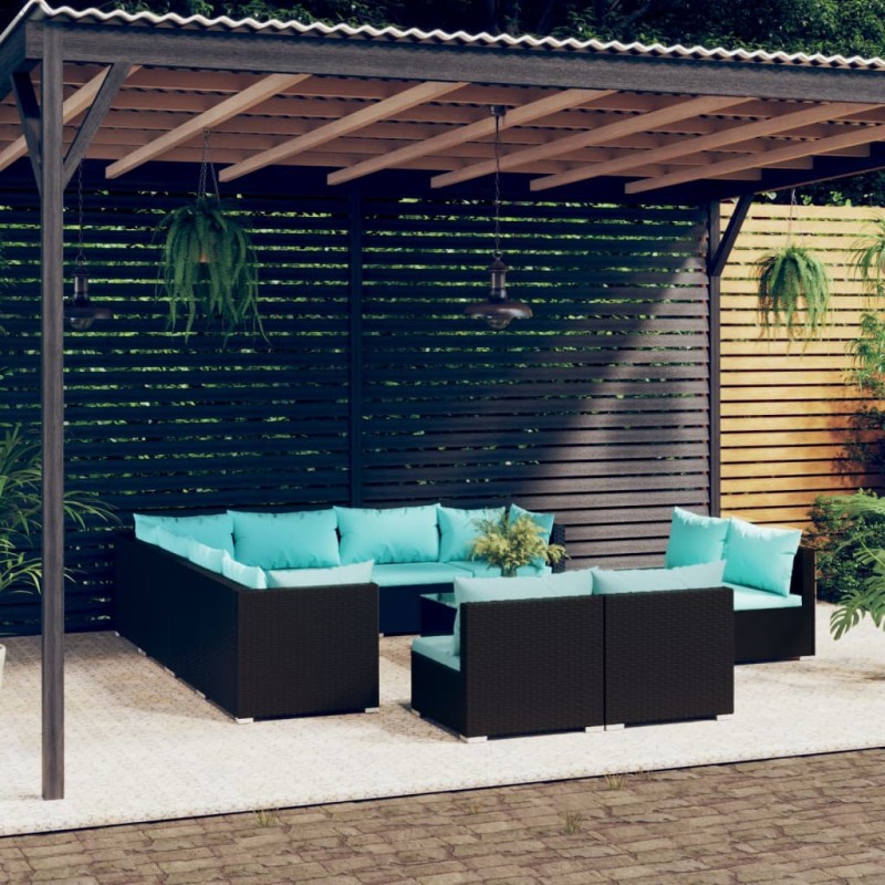 Set Divani da Giardino 12 pz con Cuscini in Polyrattan Nero Set Divani da Giardino 12 pz con Cuscini in Polyrattan Nero