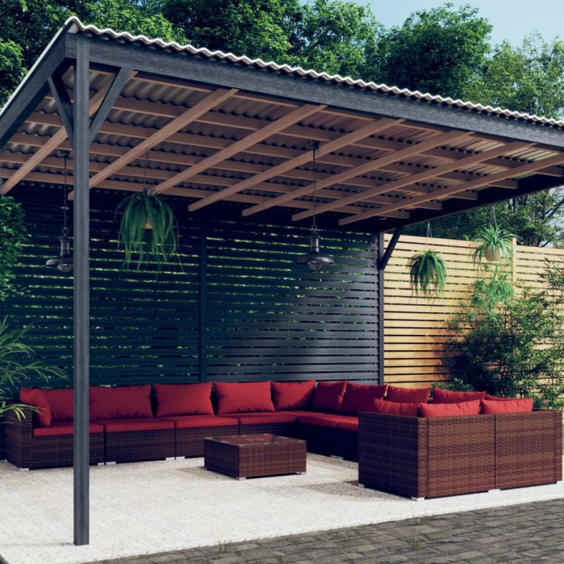 Set Divani da Giardino 11 pz con Cuscini in Polyrattan Marrone Set Divani da Giardino 11 pz con Cuscini in Polyrattan Marrone