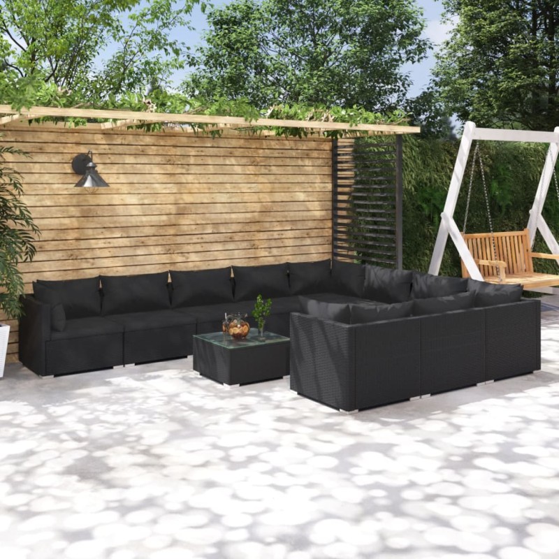 Set Divani da Giardino 11 pz con Cuscini in Polyrattan Nero Set Divani da Giardino 11 pz con Cuscini in Polyrattan Nero