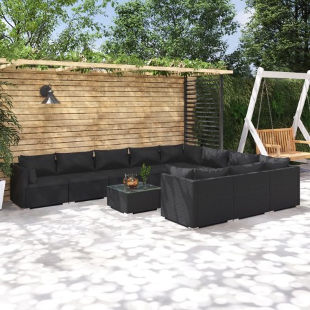 Set Divani da Giardino 11 pz con Cuscini in Polyrattan Nero